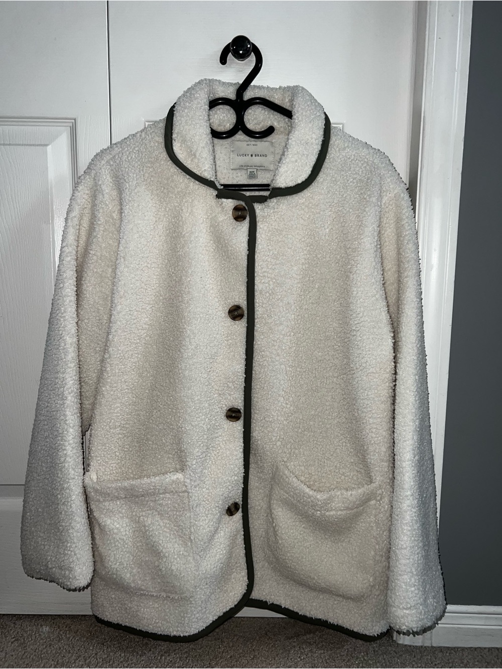 Lucky Brand Cozy Cream Sherpa Jacket with Dark Trim